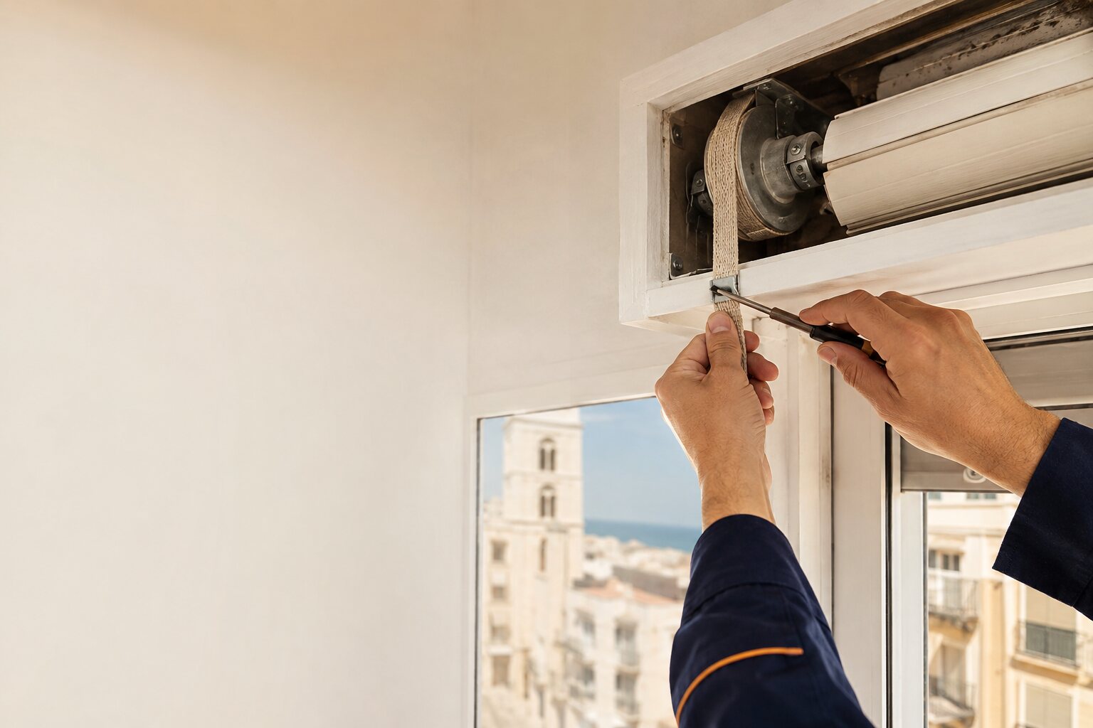 Técnico reparando el mecanismo de cinta de una persiana en una vivienda